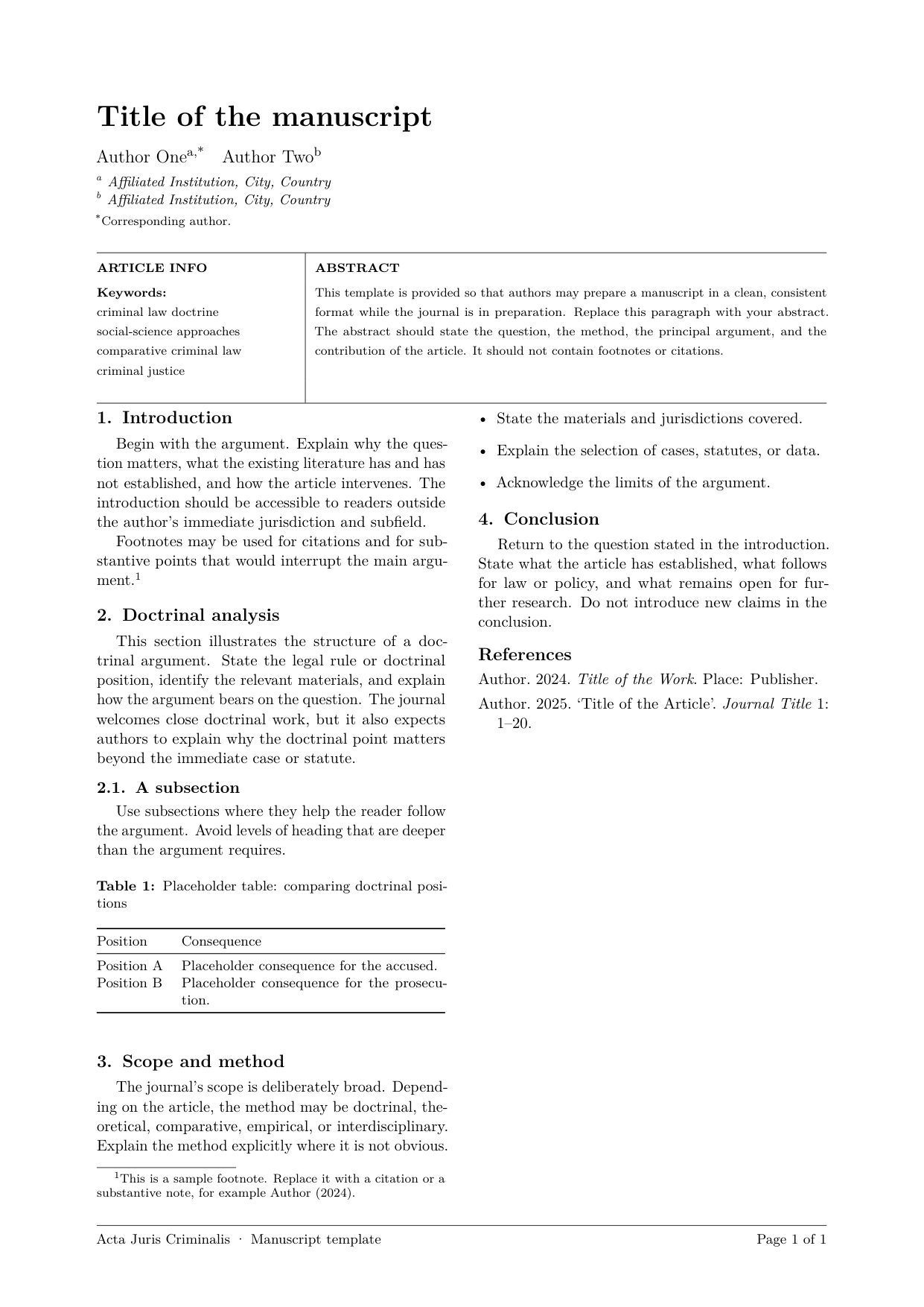 《刑法学报》（Acta Juris Criminalis）双栏 LaTeX 稿件模板首页