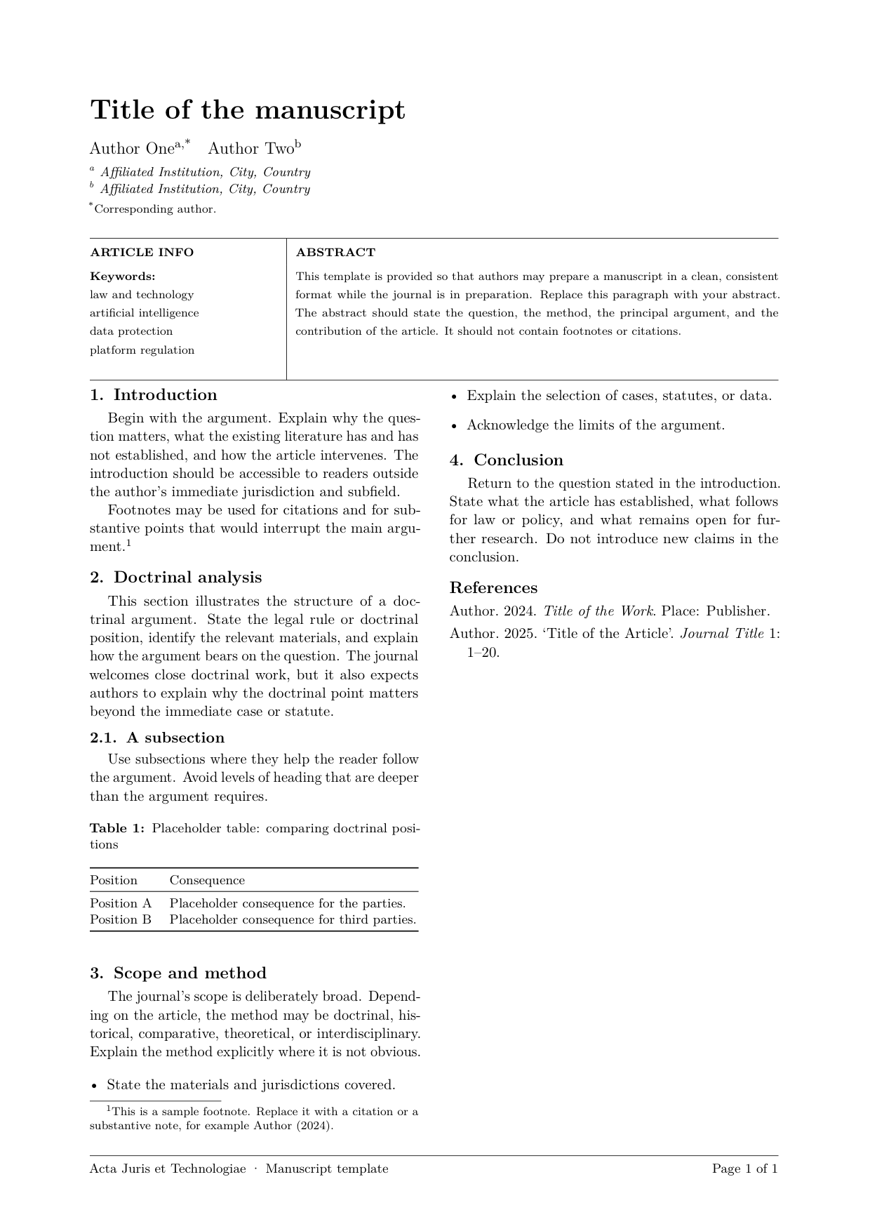 First page of the Acta Juris et Technologiae two-column LaTeX template