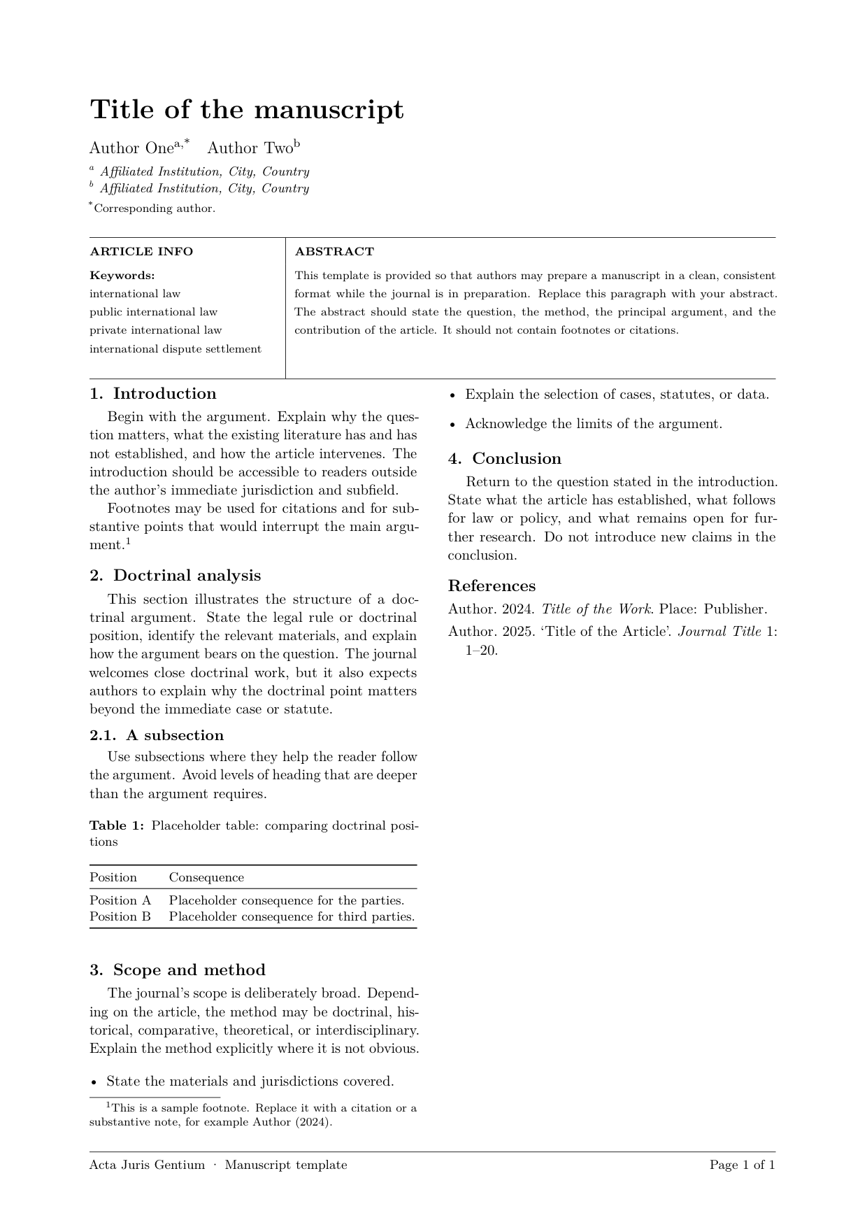 First page of the Acta Juris Gentium two-column LaTeX template