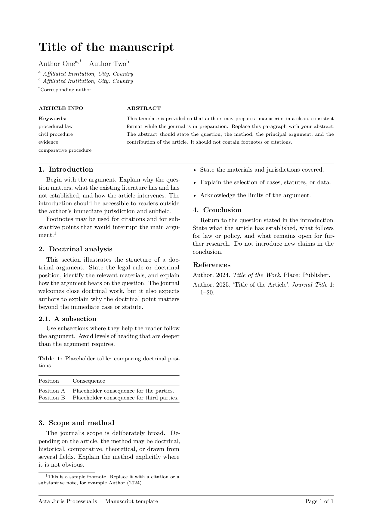 《诉讼法学报》（Acta Juris Processualis）双栏 LaTeX 稿件模板首页