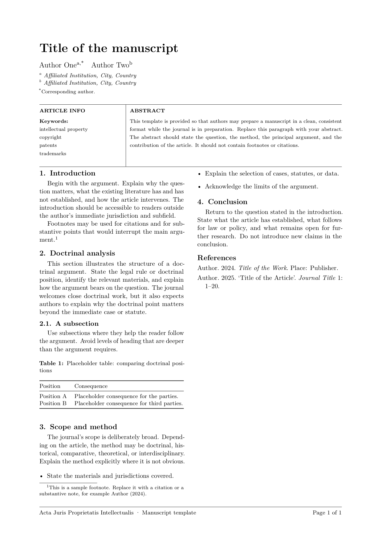 《知识产权法学报》（Acta Juris Proprietatis Intellectualis）双栏 LaTeX 稿件模板首页