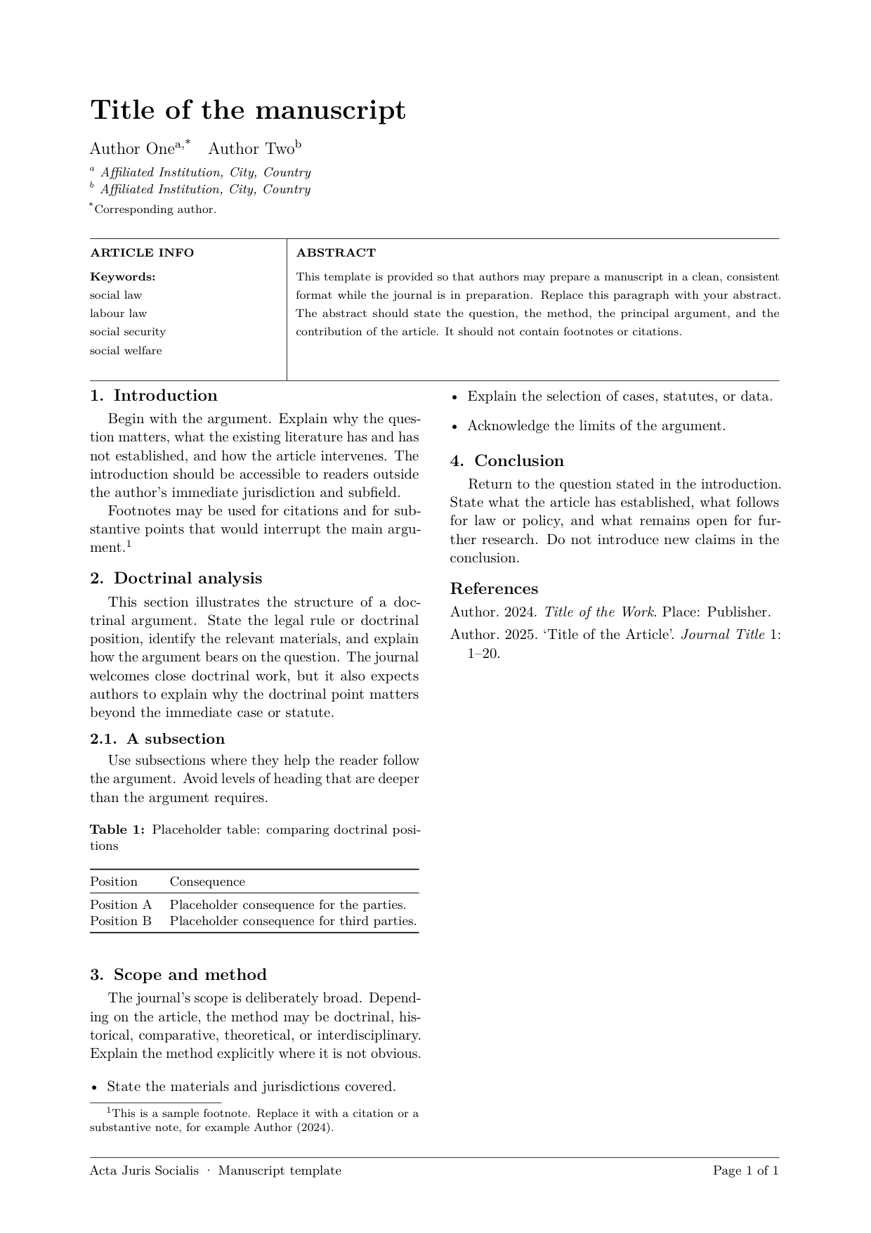 First page of the Acta Juris Socialis two-column LaTeX template